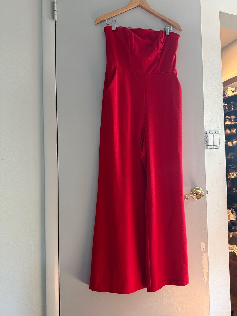 Express Strapless Wide-Leg Red Jumpsuit